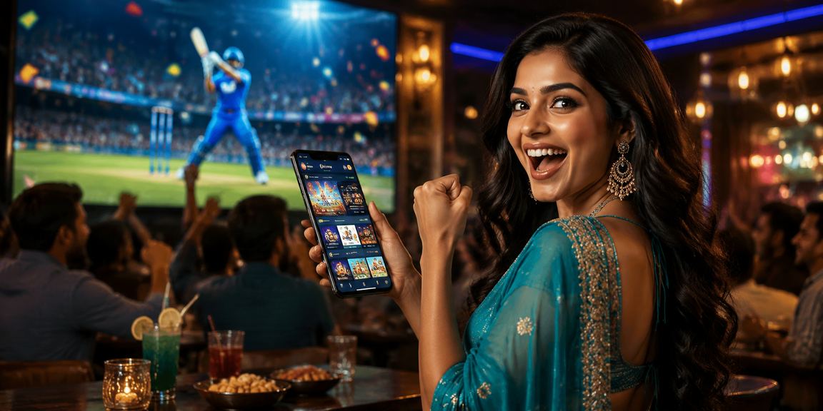 Indian woman in saree enjoying cricket betting on mobile